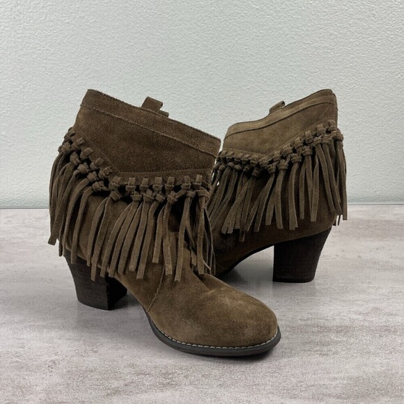 Sbicca Size 7.5 Khaki Sound Suede Leather Fringe Bootie Western Rodeo Heel Boots - Picture 7 of 12